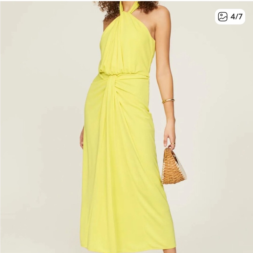 CINQ A SEPT KAILEY TWIST MIDI YELLOW DRESS draped HALTER 8 wedding bridesmaid